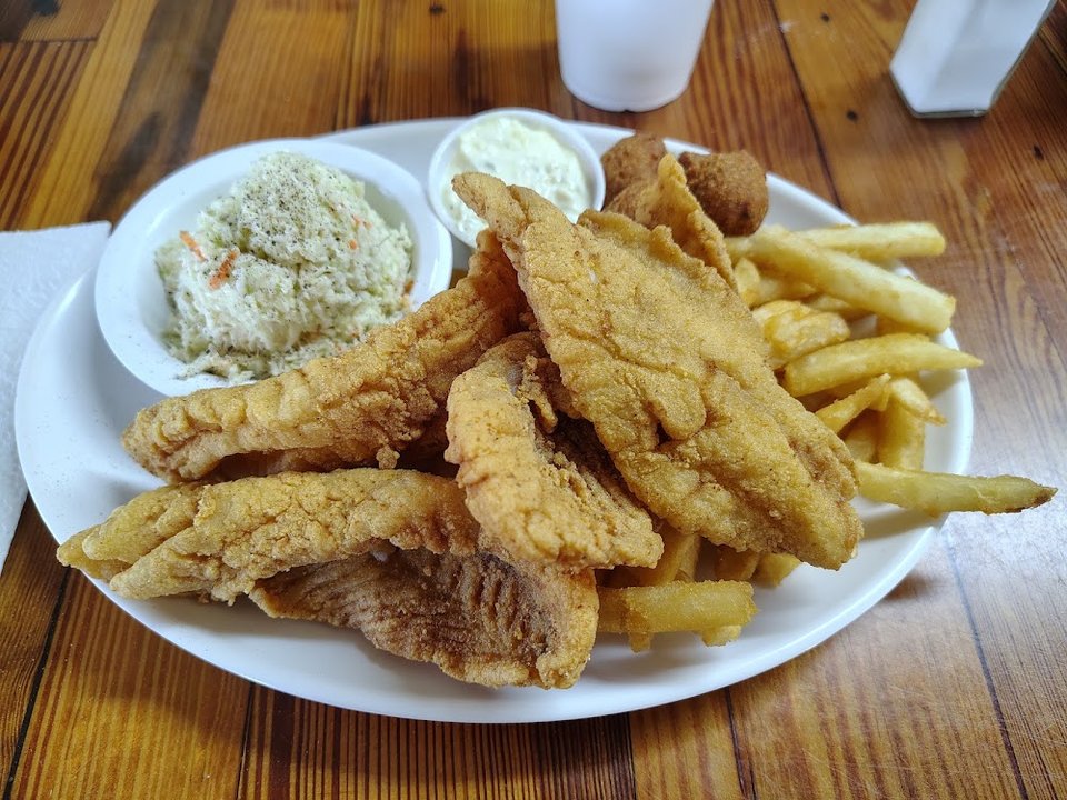 Fried Oysters Fries and Hush Puppies