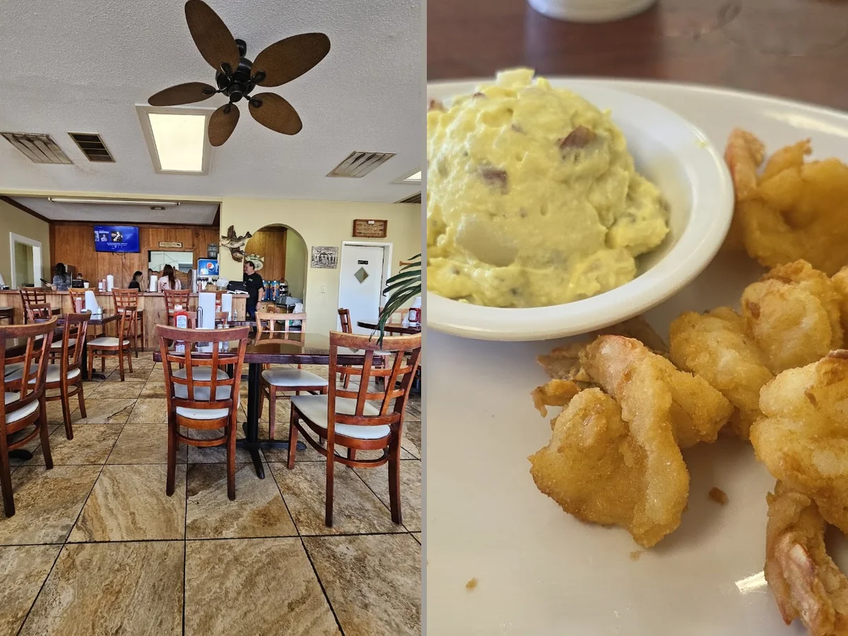 Seafood restaurant dining room with tables and chairs
